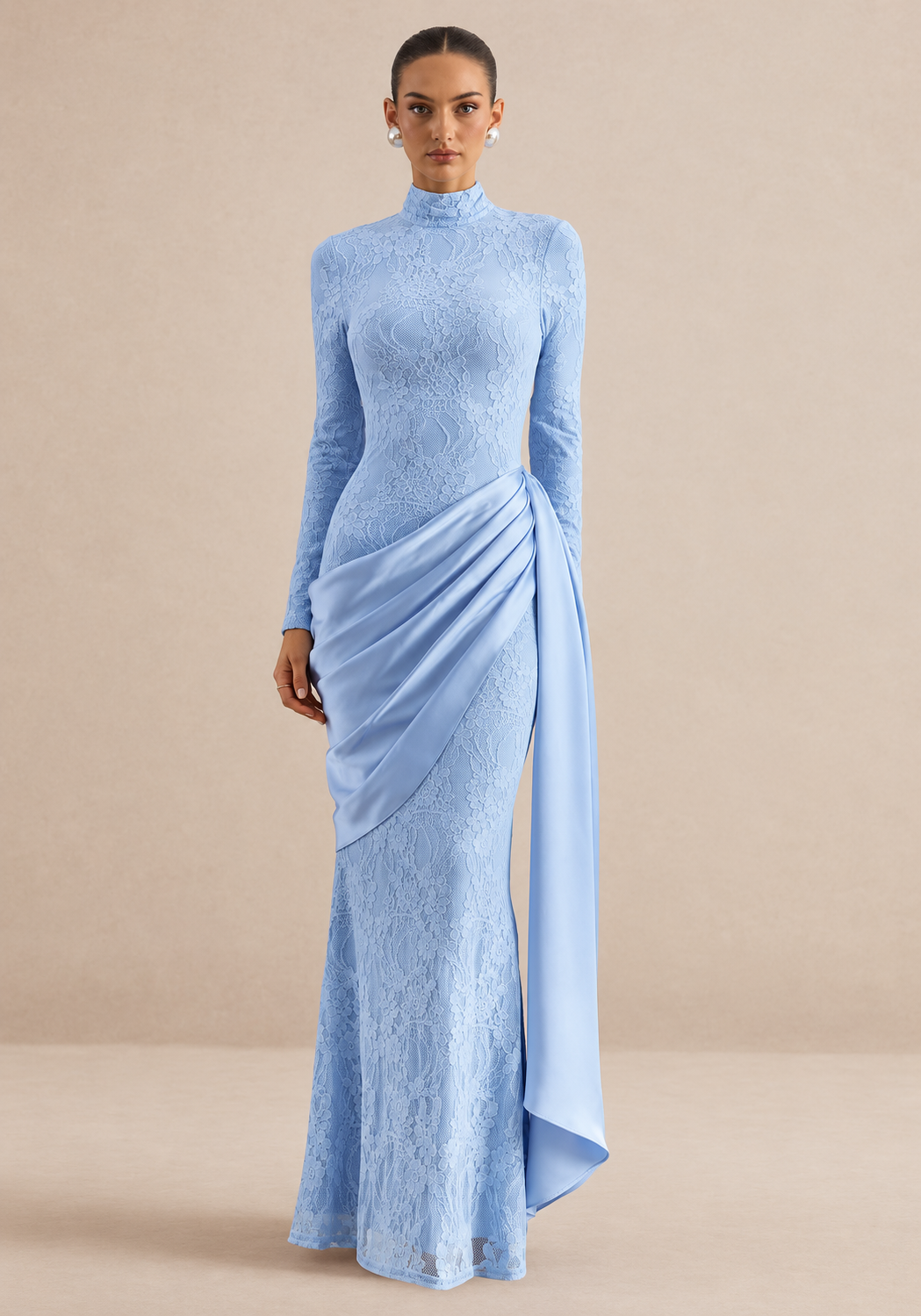 High Neck Long Sleeve Lace Splice Satin Tight Bodycon Maxi Long Casual Dress With Long Ribbon Fall 2026 Trendy Women Clothes