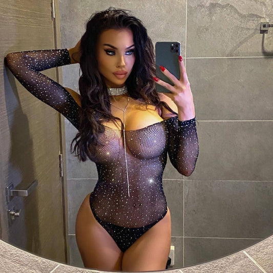 Sparkly Bodysuit Body Stockings Women's Fishnet See-through Tops Summer Hollow Long Sleeve Tights 2024 Sexy Costumes