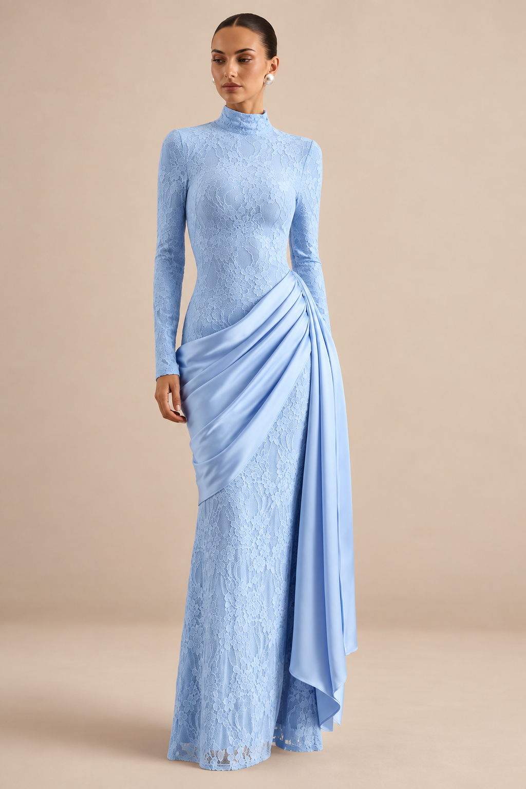 High Neck Long Sleeve Lace Splice Satin Tight Bodycon Maxi Long Casual Dress With Long Ribbon Fall 2026 Trendy Women Clothes