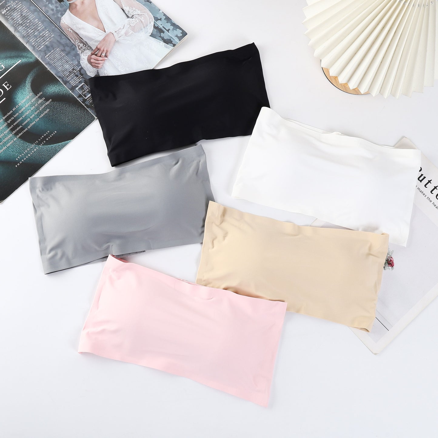 Sexy Ice Silk Seamless Shoulder Warp Gathered Non-slip Beauty Strap Chest Pad Vest Women's Small Breast Tube Top Underwear