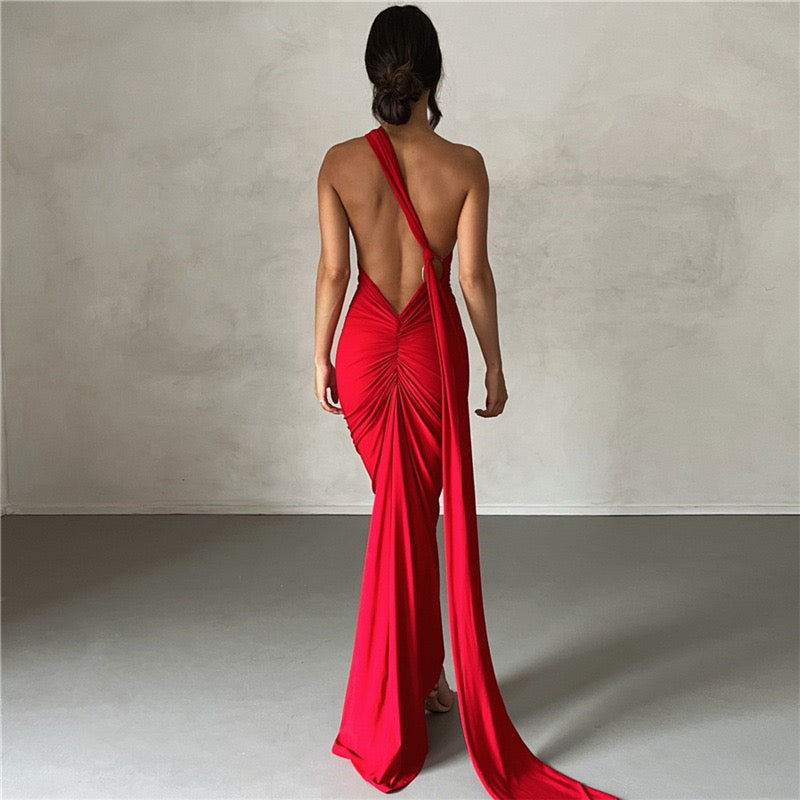 New Fashion Elegant Maxi Dress for Women Sexy One Shoulder Slim Pleated Solid Backless Dresses