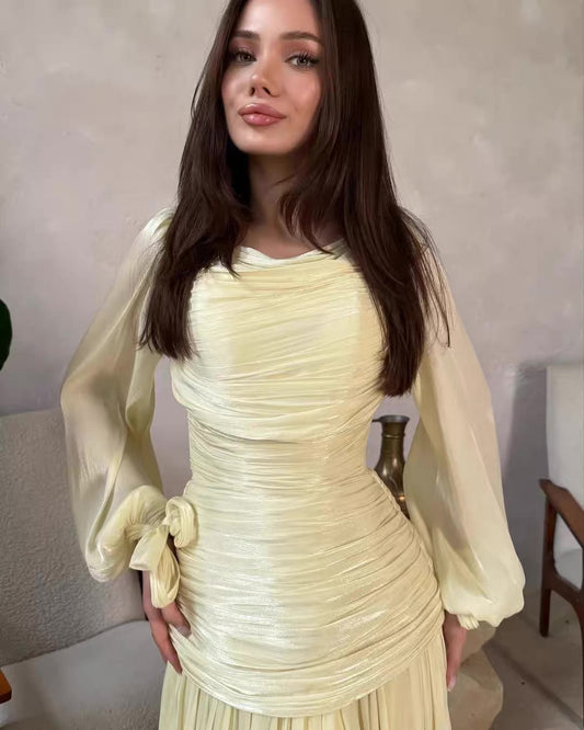 2026 New Arrival Solid Color Long-Sleeve Dress for Women, High Neck Pleated Long Dress