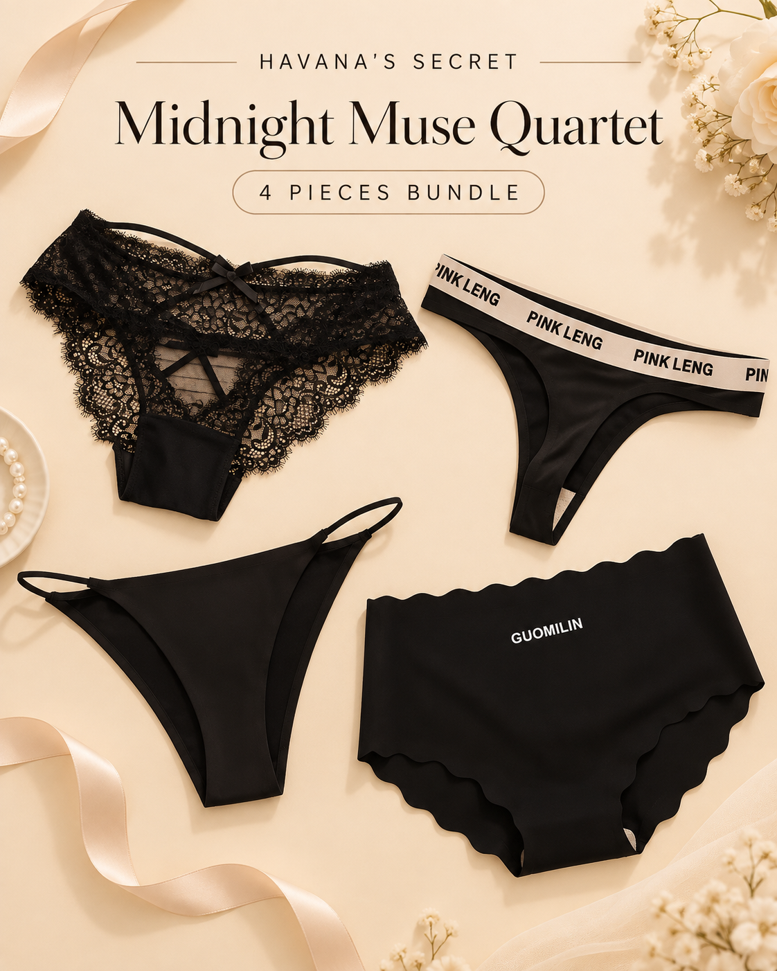 Midnight Muse Quartet – 4-Piece Black Panty Bundle