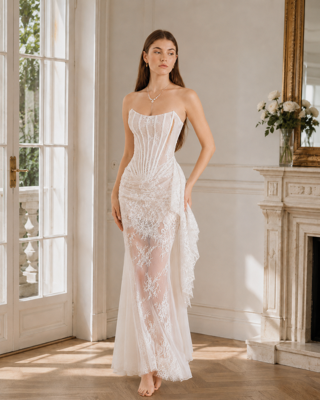 Lace Strapless Evening Dress Woman Sexy See Through Fishbones Maxi Dress Elegant Slim Female Fashion Party Dress