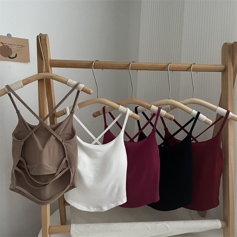 Sleeveless Threaded Halter Vest New Polyamide Backless Cross Backless Vest Solid Color Sexy Tank Top Women