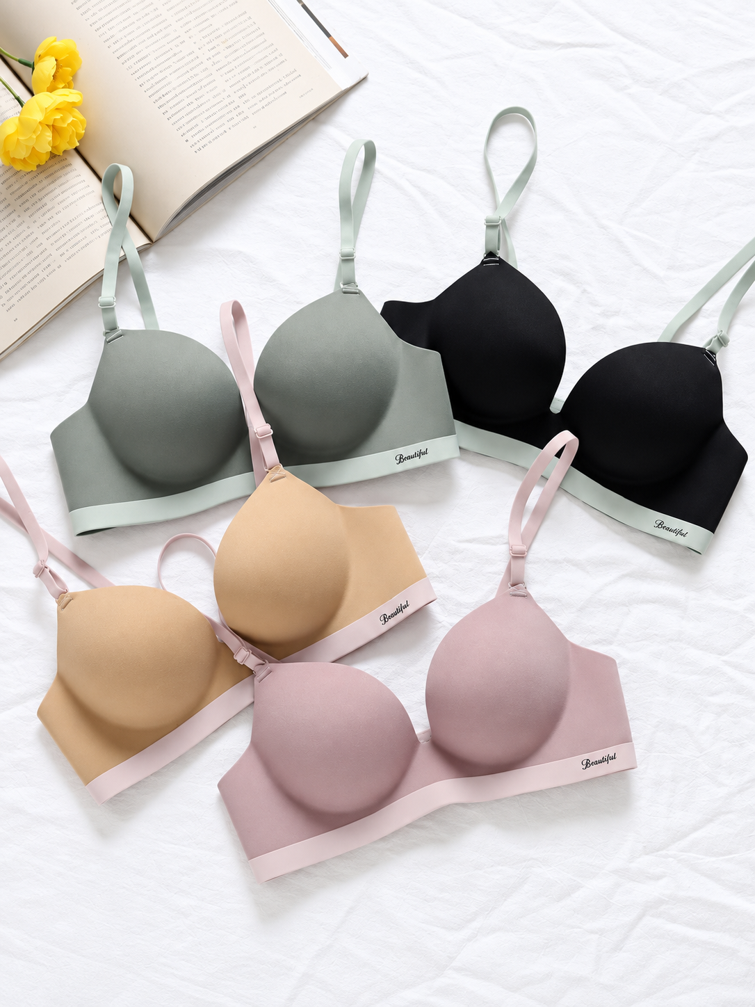 Women’s Seamless Wireless Bra and Panty Set Smooth Molded Cup Adjustable Straps Wide Contrast Underband Matching Mid Rise Brief Lingerie Set