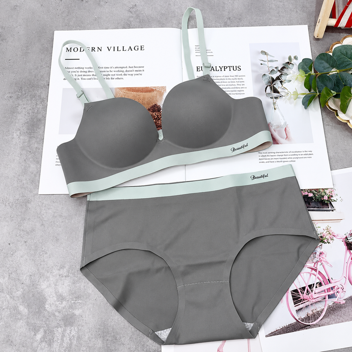 Women’s Seamless Wireless Bra and Panty Set Smooth Molded Cup Adjustable Straps Wide Contrast Underband Matching Mid Rise Brief Lingerie Set