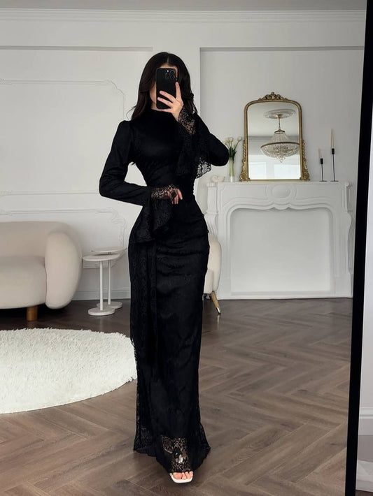Women Lace Fitted Dresses Solid Evening Dress H Line Ankle Lenth Bell Sleeve Waist Cinch Slim Fit Party Sexy Elegant