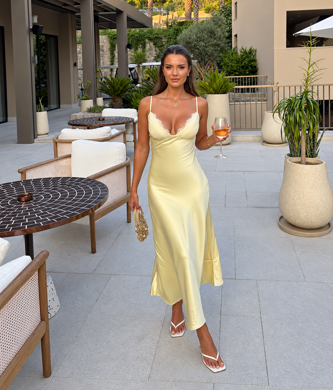 Butter  Satin Lace Trim Maxi Slip Dress with Deep V-Neckline, Spaghetti Straps, Fitted Bodice and Elegant Floor-Length Silhouette