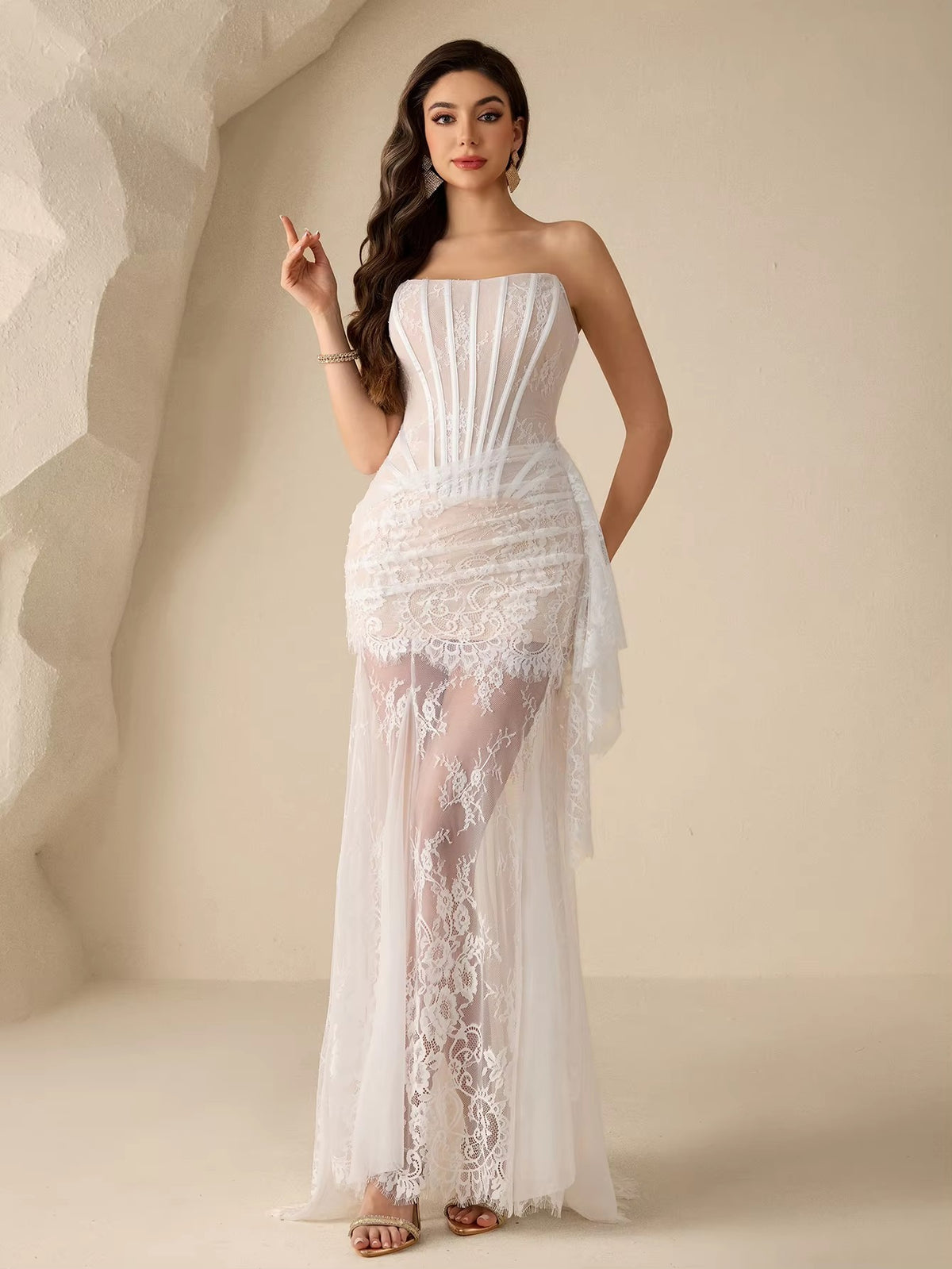 Abito da sera senza spalline in pizzo, vestito maxi sexy da donna con stecche a vista, elegante vestito da festa aderente alla moda