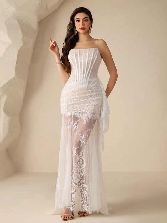 Lace Strapless Evening Dress Woman Sexy See Through Fishbones Maxi Dress Elegant Slim Female Fashion Party Dress