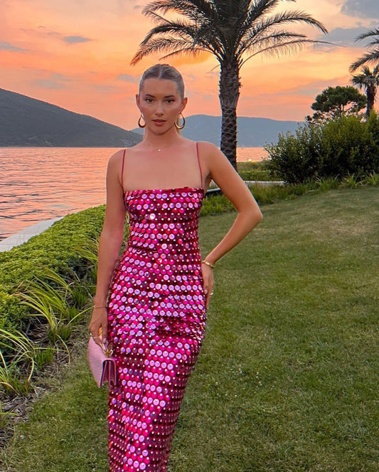 Sexy Sequin Patchwork Sling Dress for Women Fashion Sleeveless Backless Bodycon Split Dresses Female Shiny Evening Party Robes