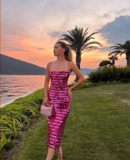 Sexy Sequin Patchwork Sling Dress for Women Fashion Sleeveless Backless Bodycon Split Dresses Female Shiny Evening Party Robes
