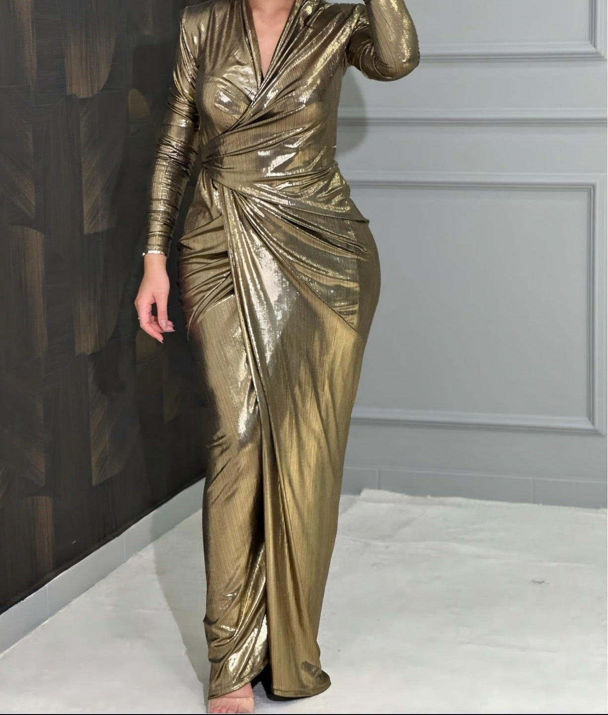 ‏Casual Long Sleeve Women Slim Long Dress Elegant V-neck Waist Design Evening Dress Women Fashion Irregular Draped Stamping Gowns