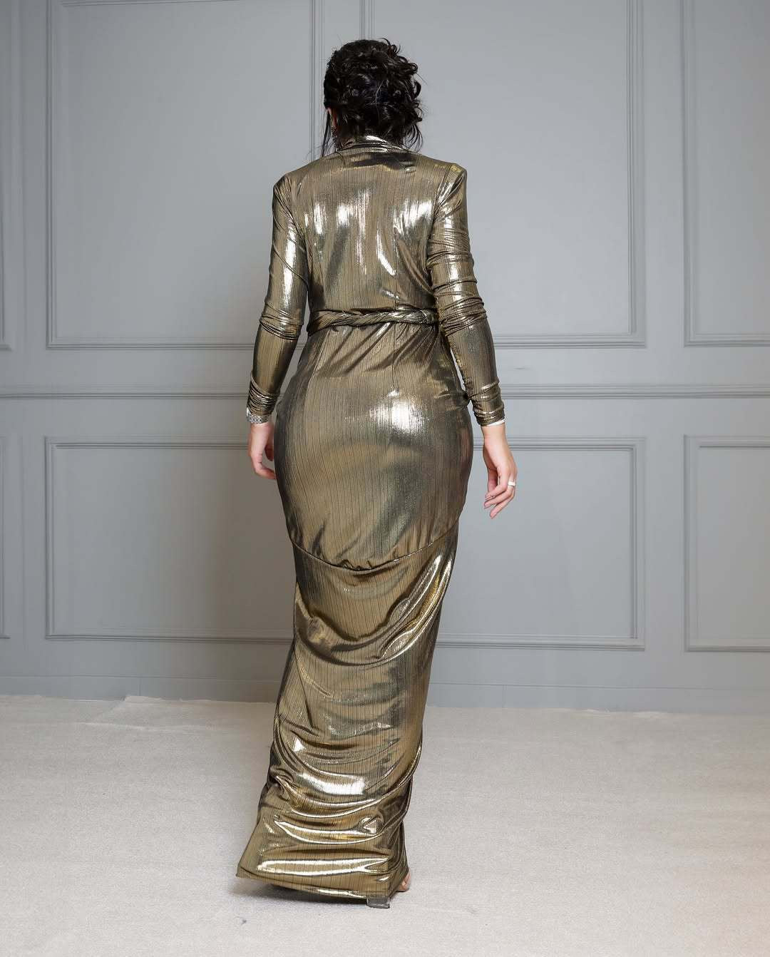 ‏Casual Long Sleeve Women Slim Long Dress Elegant V-neck Waist Design Evening Dress Women Fashion Irregular Draped Stamping Gowns