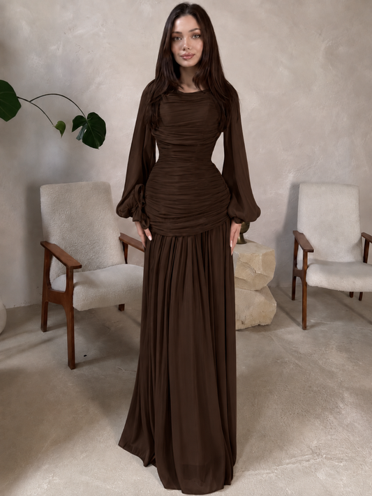 2026 New Arrival Solid Color Long-Sleeve Dress for Women, High Neck Pleated Long Dress