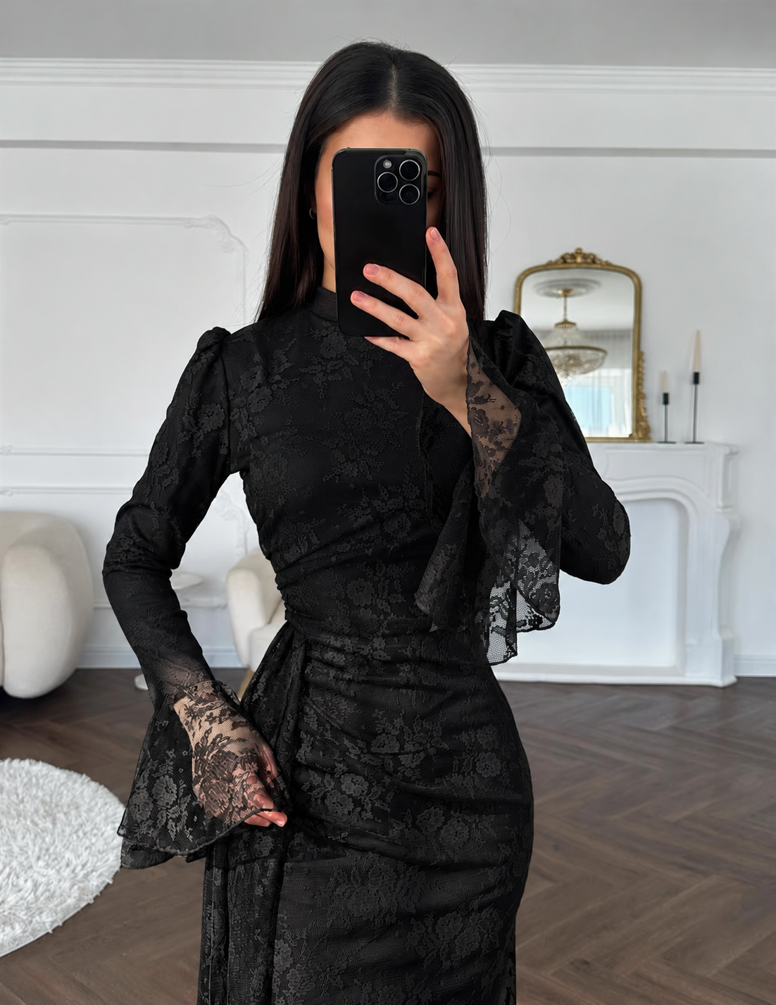 Women Lace Fitted Dresses Solid Evening Dress H Line Ankle Lenth Bell Sleeve Waist Cinch Slim Fit Party Sexy Elegant