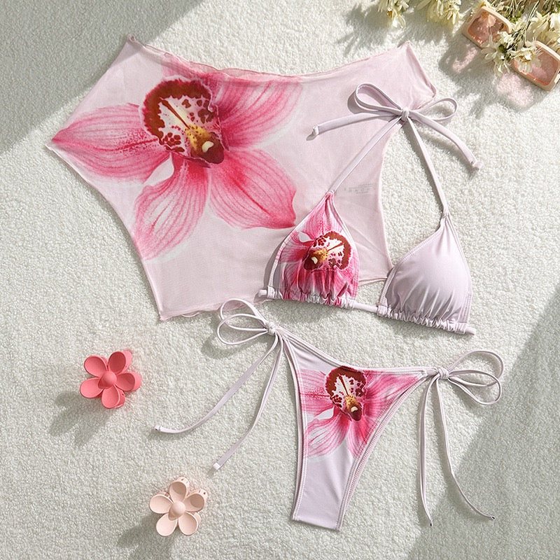 Sexy Pink Floral Print Short Sleeve Cover Up 3 Piece Bikini Set 2026 Women Push Up Thong Swimsuit Holiday Bathing Suit Swimwear