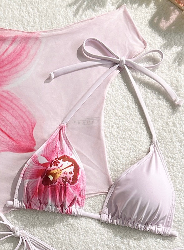 Sexy Pink Floral Print Short Sleeve Cover Up 3 Piece Bikini Set 2026 Women Push Up Thong Swimsuit Holiday Bathing Suit Swimwear