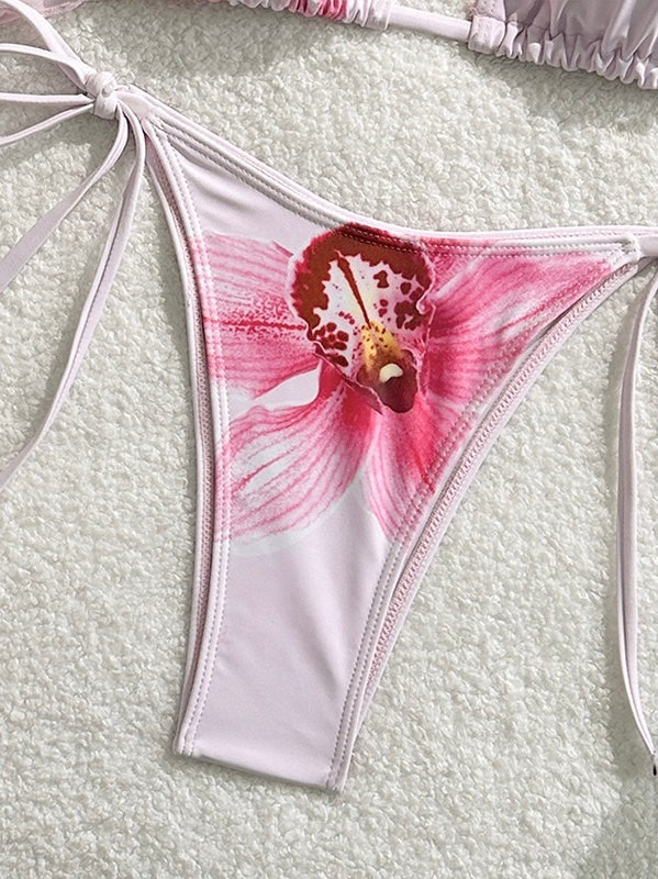 Sexy Pink Floral Print Short Sleeve Cover Up 3 Piece Bikini Set 2026 Women Push Up Thong Swimsuit Holiday Bathing Suit Swimwear