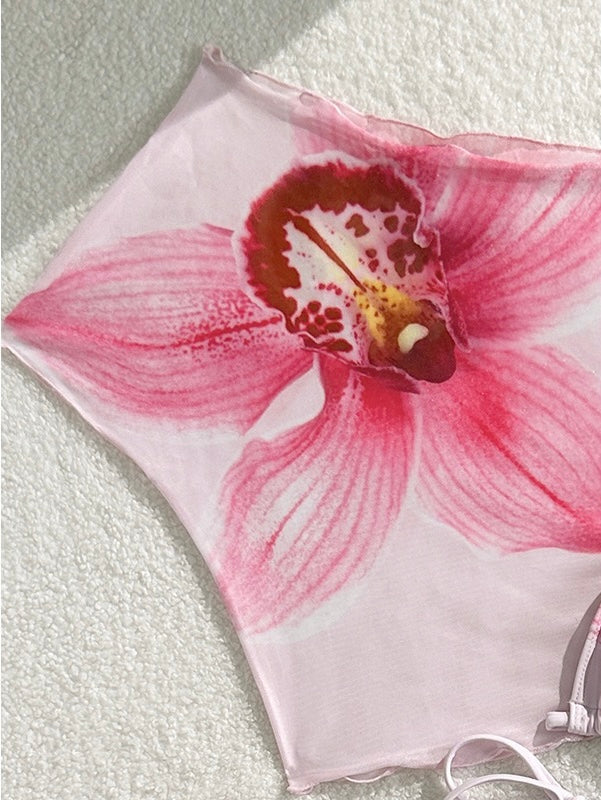 Sexy Pink Floral Print Short Sleeve Cover Up 3 Piece Bikini Set 2026 Women Push Up Thong Swimsuit Holiday Bathing Suit Swimwear