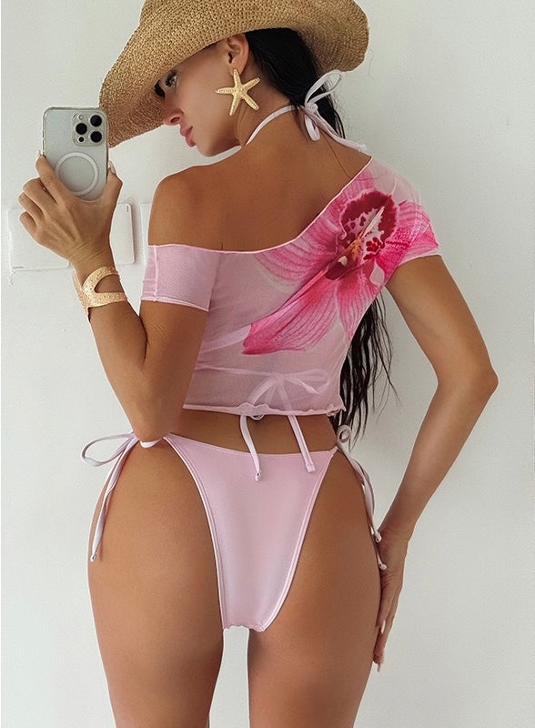 Sexy Pink Floral Print Short Sleeve Cover Up 3 Piece Bikini Set 2026 Women Push Up Thong Swimsuit Holiday Bathing Suit Swimwear