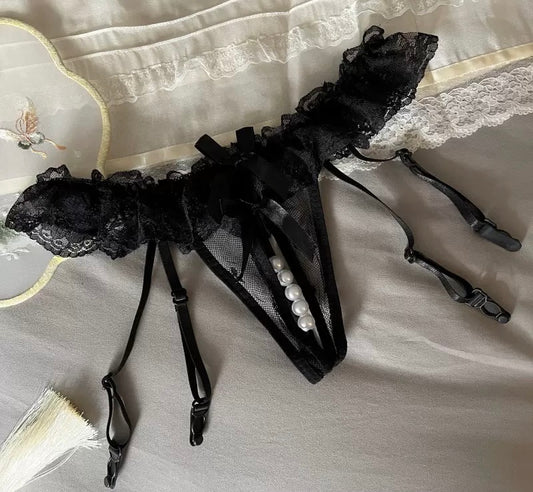 Women Sexy Panties Girl Gauze Bowknot Beads Lace Lingerie Underwear Low Waist Pearls Underpants Female Thongs Briefs Temptation