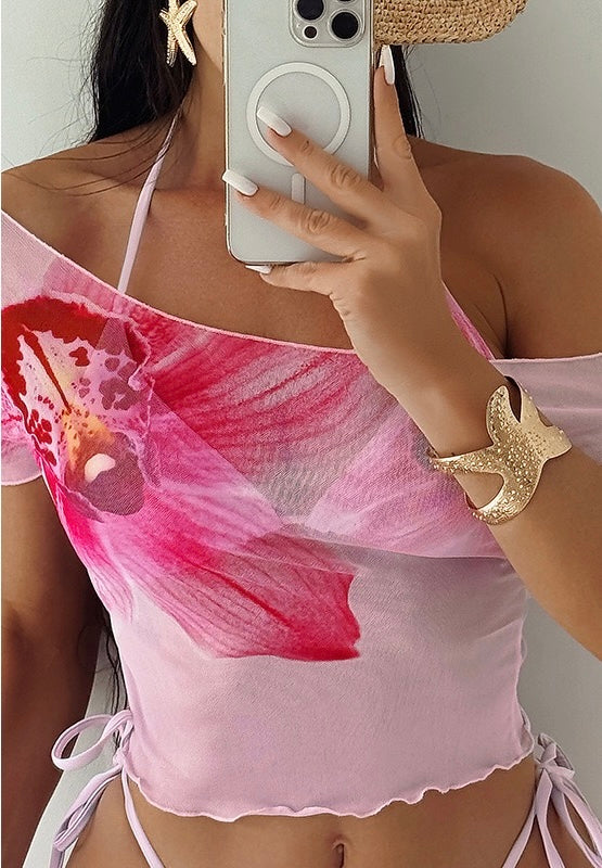 Sexy Pink Floral Print Short Sleeve Cover Up 3 Piece Bikini Set 2026 Women Push Up Thong Swimsuit Holiday Bathing Suit Swimwear