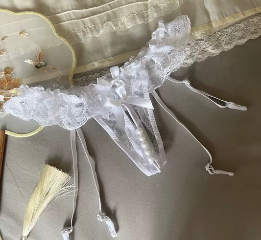 Women Sexy Panties Girl Gauze Bowknot Beads Lace Lingerie Underwear Low Waist Pearls Underpants Female Thongs Briefs Temptation