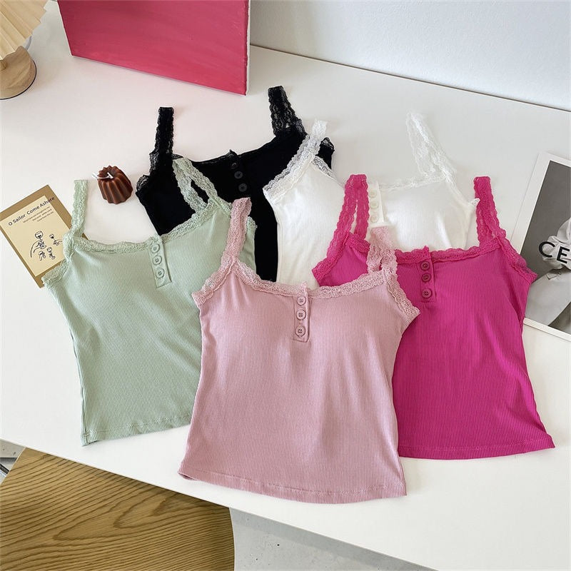 Happy Kitty top Women Low Cut Suspender Female Solid Color Lace Ropa Mujer Ladies Fashion Women'S Summer Vest