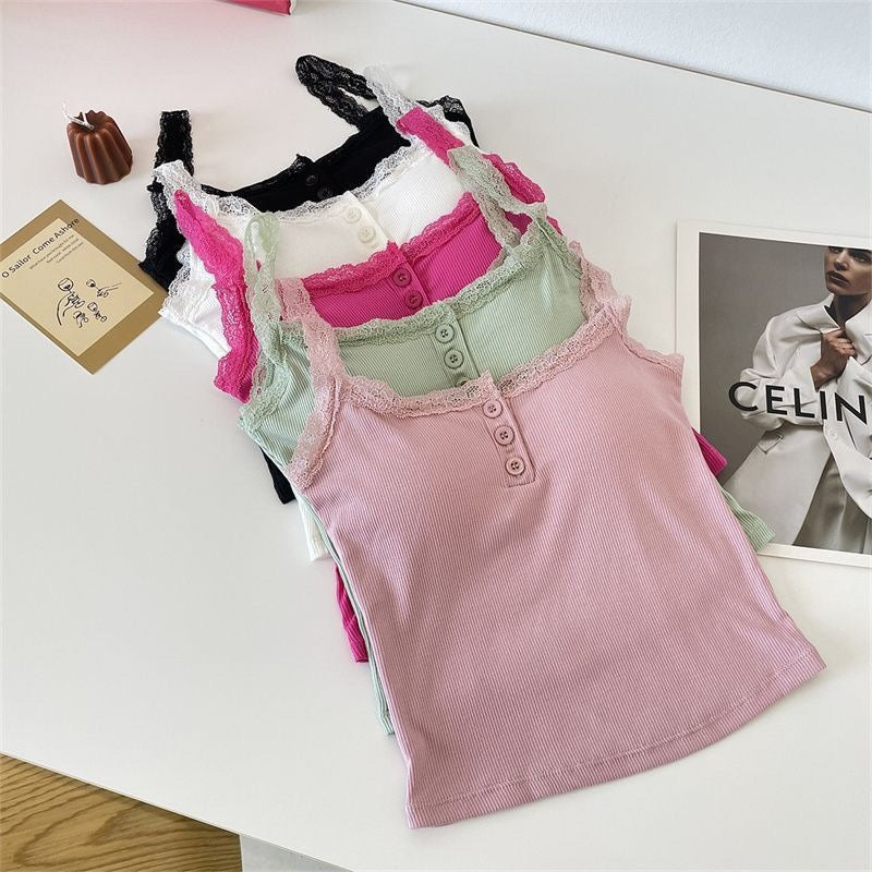 Happy Kitty top Women Low Cut Suspender Female Solid Color Lace Ropa Mujer Ladies Fashion Women'S Summer Vest