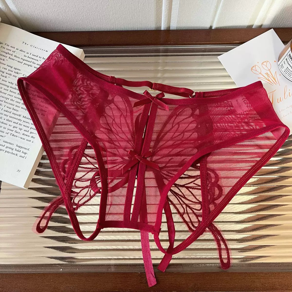 Women's Panties Butterfly Embroidery Mesh Transparent Sexy Women's Underwear Low Waist  Perspective  lace trimThin Briefs