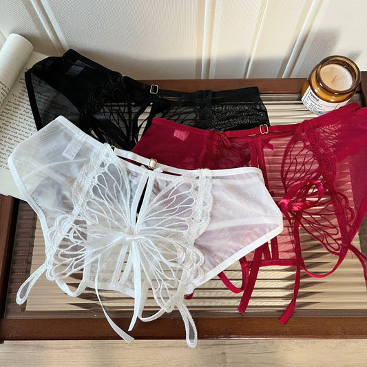 Women's Panties Butterfly Embroidery Mesh Transparent Sexy Women's Underwear Low Waist  Perspective  lace trimThin Briefs