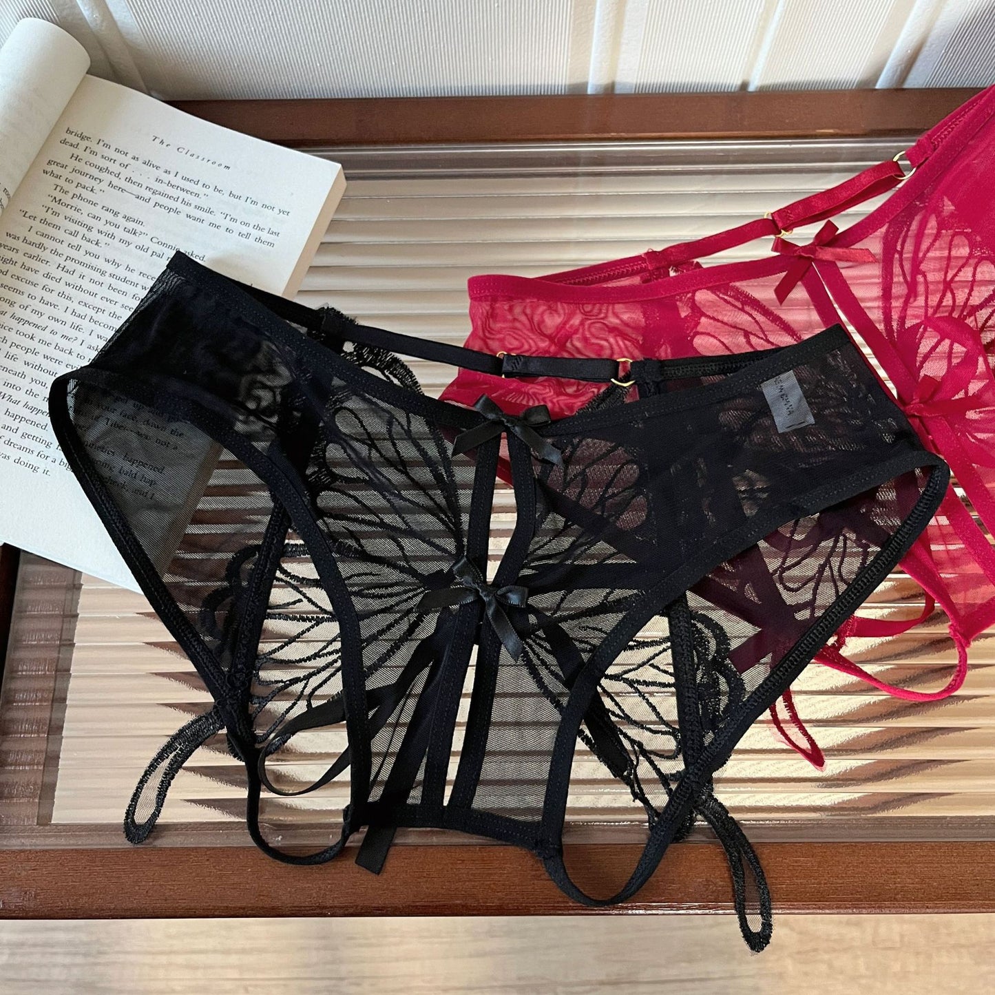 Women's Panties Butterfly Embroidery Mesh Transparent Sexy Women's Underwear Low Waist  Perspective  lace trimThin Briefs