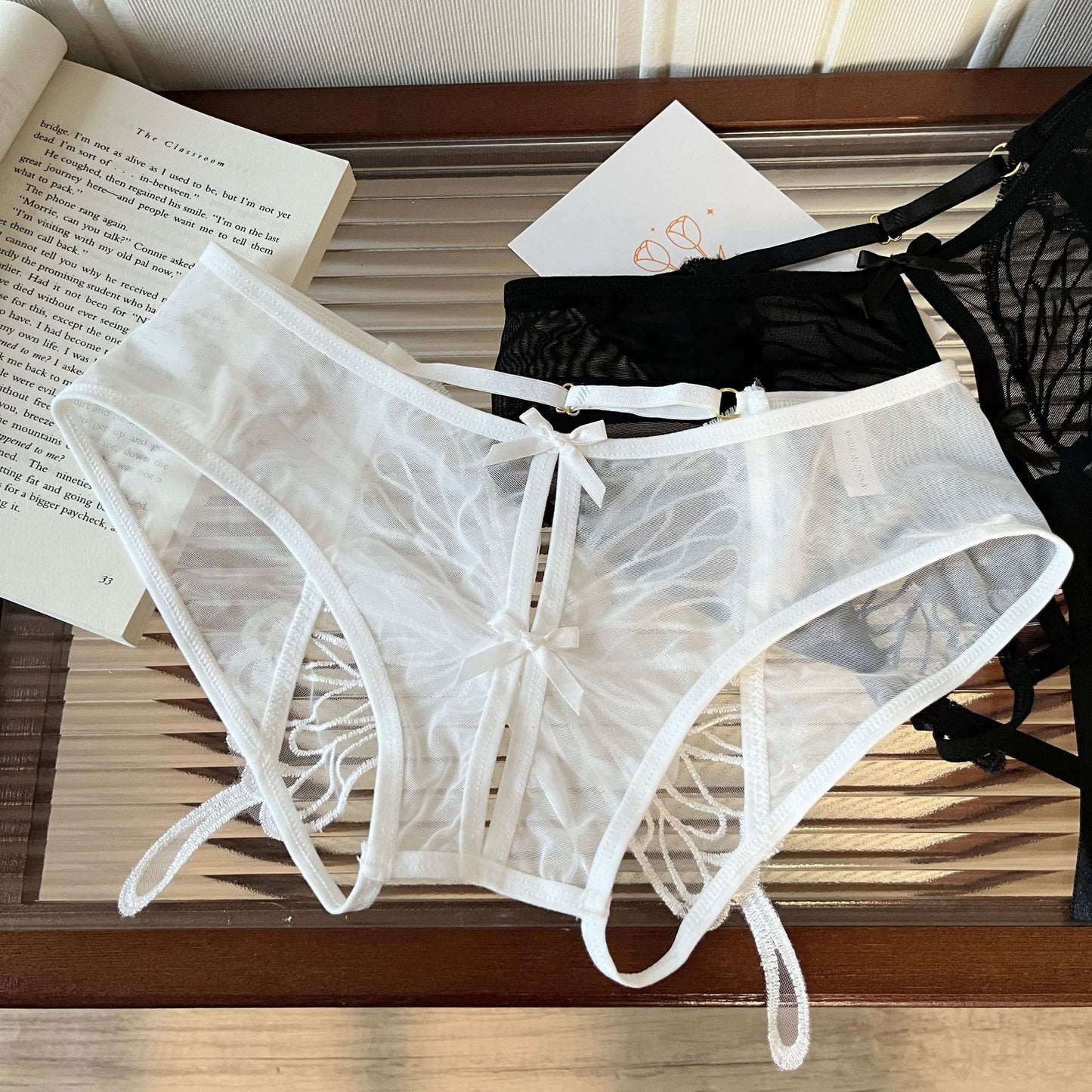 Women's Panties Butterfly Embroidery Mesh Transparent Sexy Women's Underwear Low Waist  Perspective  lace trimThin Briefs
