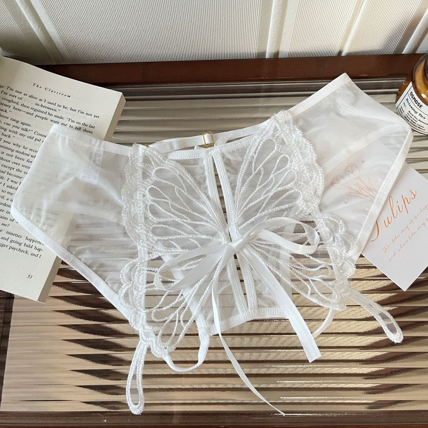 Women's Panties Butterfly Embroidery Mesh Transparent Sexy Women's Underwear Low Waist  Perspective  lace trimThin Briefs