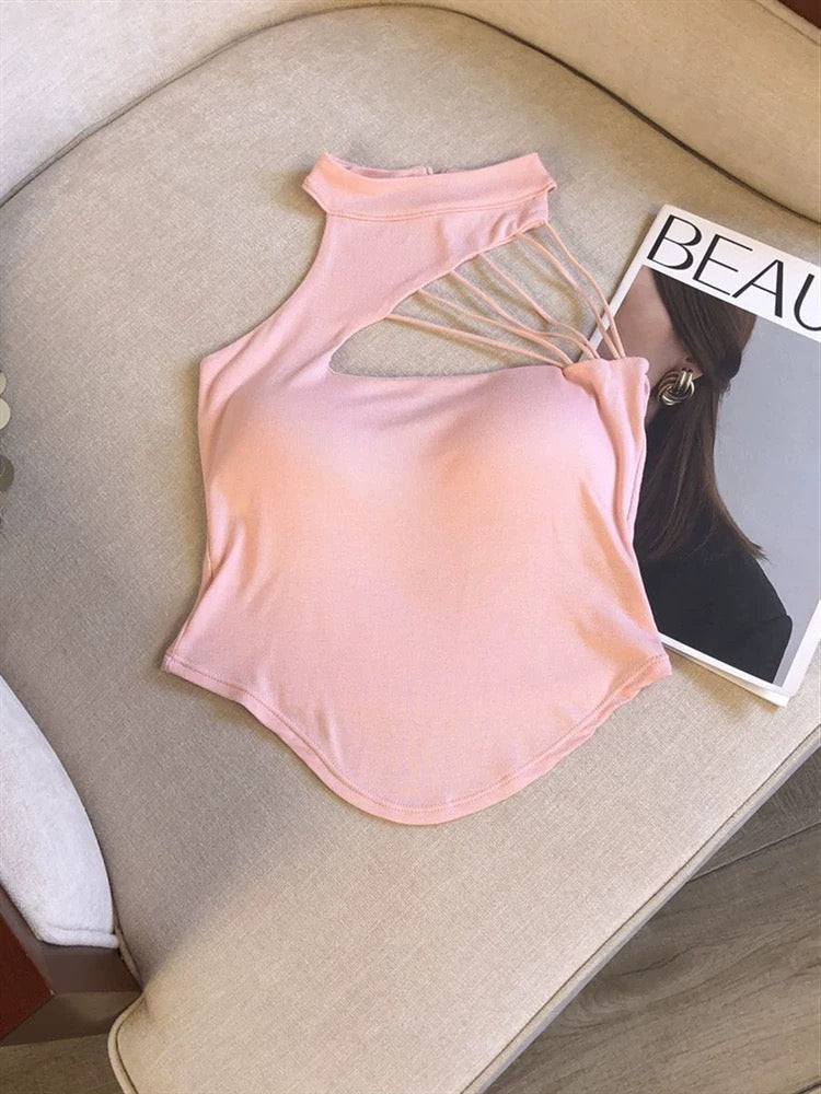 Sexy Women Hollow Out Crop Tops Summer Casual Solid Color Street Backless Camisoles Cropped Halter Tops Sexy Sleeveless Blouses