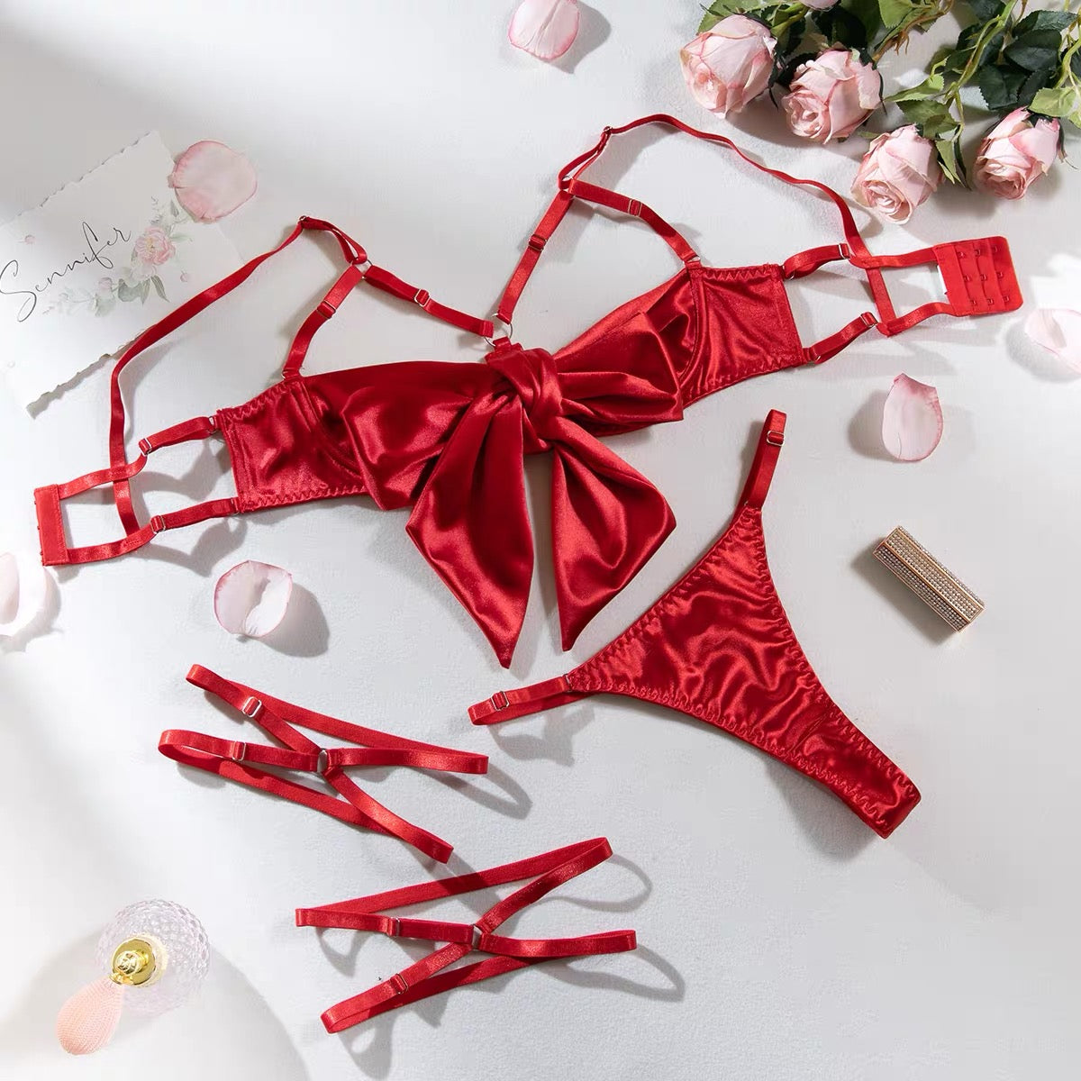 Comfortable Bow Underwear Three Piece Set Hollow Out Ruffle Satin Silk Bra Suit Sweet Women Lingerie Women Lingerie Set Women