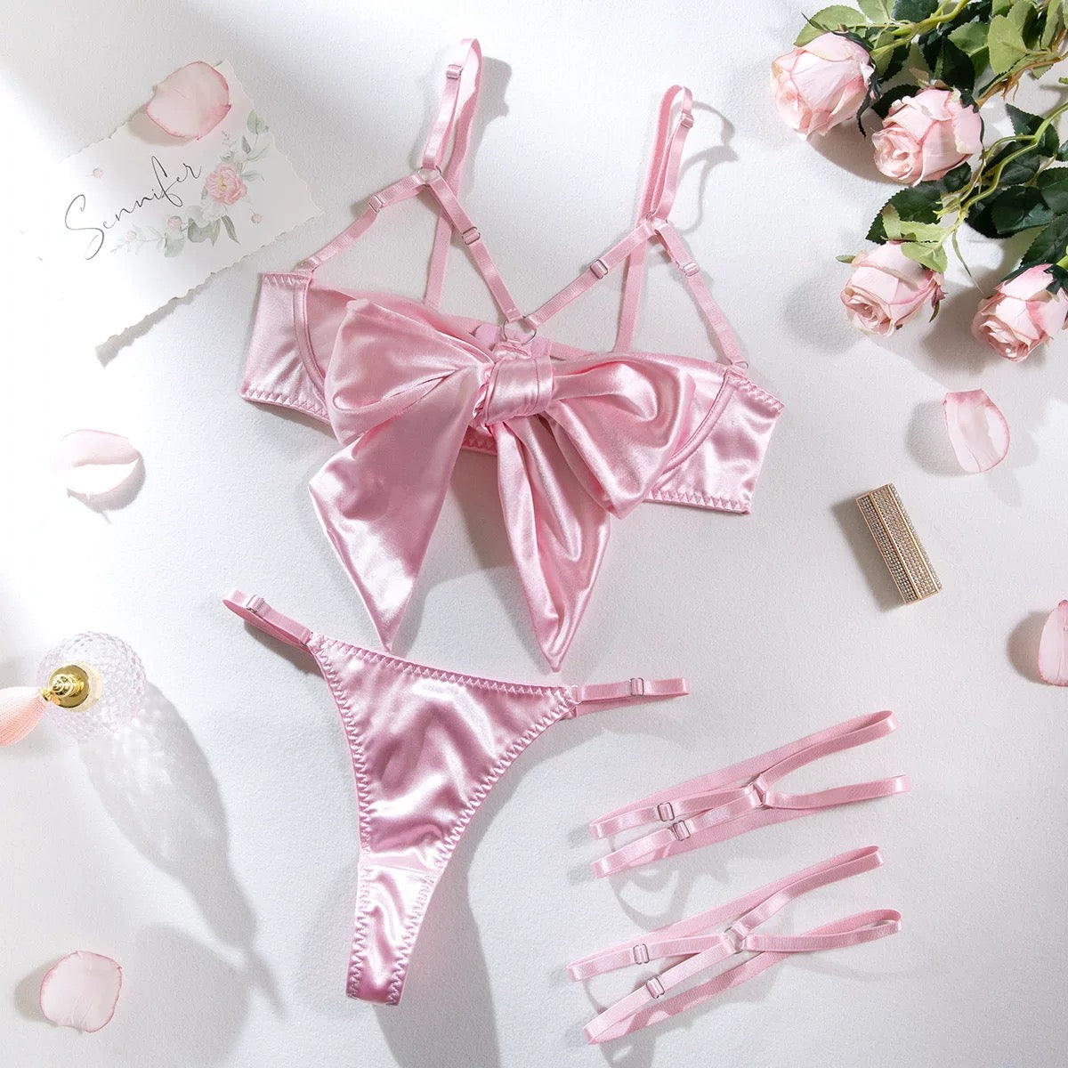 Comfortable Bow Underwear Three Piece Set Hollow Out Ruffle Satin Silk Bra Suit Sweet Women Lingerie Women Lingerie Set Women