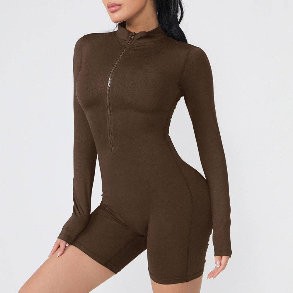 Women Long Sleeve Pilates Sports Bodysuit Front Zipper One-Piece Yoga Tight Jumpsuit for Sports Fitness