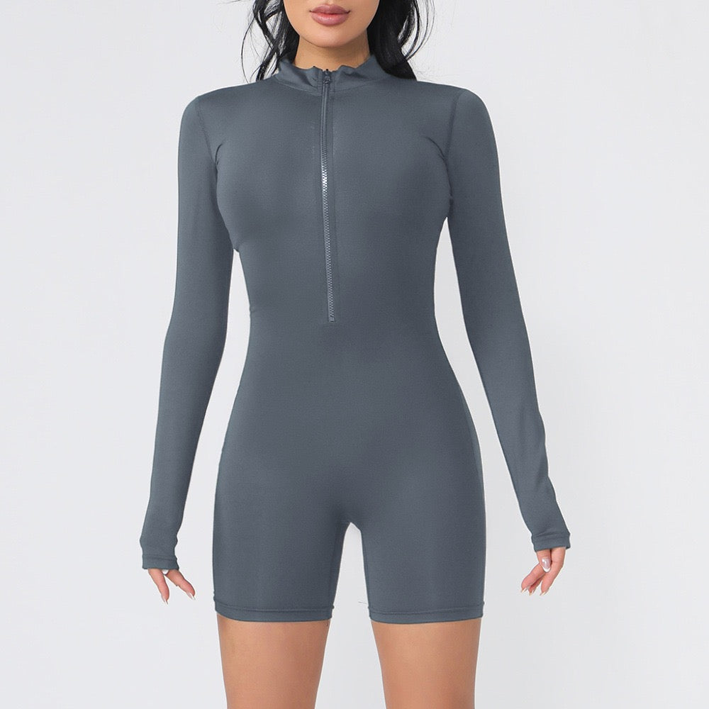 Women Long Sleeve Pilates Sports Bodysuit Front Zipper One-Piece Yoga Tight Jumpsuit for Sports Fitness