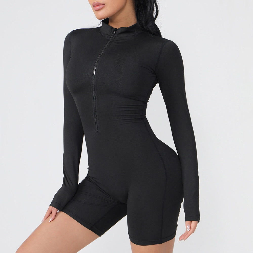 Women Long Sleeve Pilates Sports Bodysuit Front Zipper One-Piece Yoga Tight Jumpsuit for Sports Fitness
