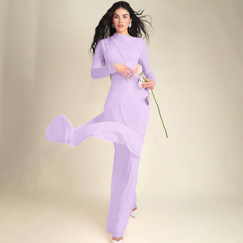 Sexy Wrap Buttocks  Dresses Women O Neck Dress Long Sleeve Sheath Slim Fit Solid Spliced Pullover Folds Floor Length 2026
