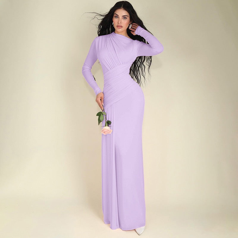 Sexy Wrap Buttocks  Dresses Women O Neck Dress Long Sleeve Sheath Slim Fit Solid Spliced Pullover Folds Floor Length 2026