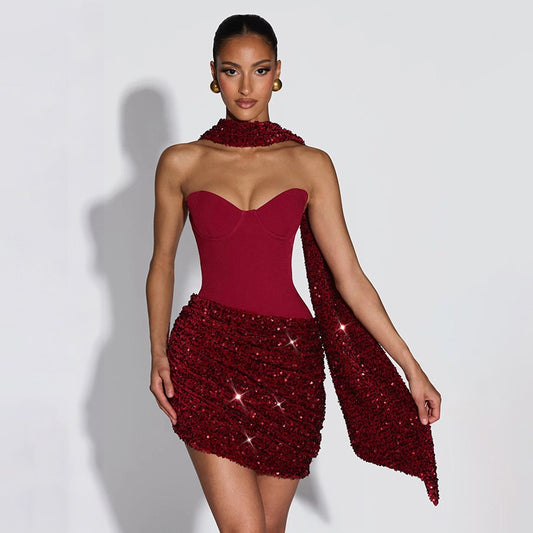 Sexy Sequin Pleated Strapless Mini Dress Women Chic  Scarf Collar Off Shoulder Waist Cinching Dresses Lady Evening Party Gown