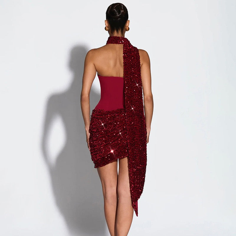 Sexy Sequin Pleated Strapless Mini Dress Women Chic  Scarf Collar Off Shoulder Waist Cinching Dresses Lady Evening Party Gown