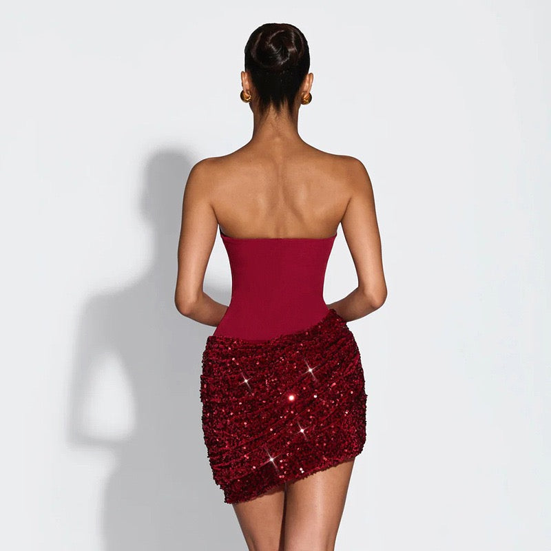Sexy Sequin Pleated Strapless Mini Dress Women Chic  Scarf Collar Off Shoulder Waist Cinching Dresses Lady Evening Party Gown