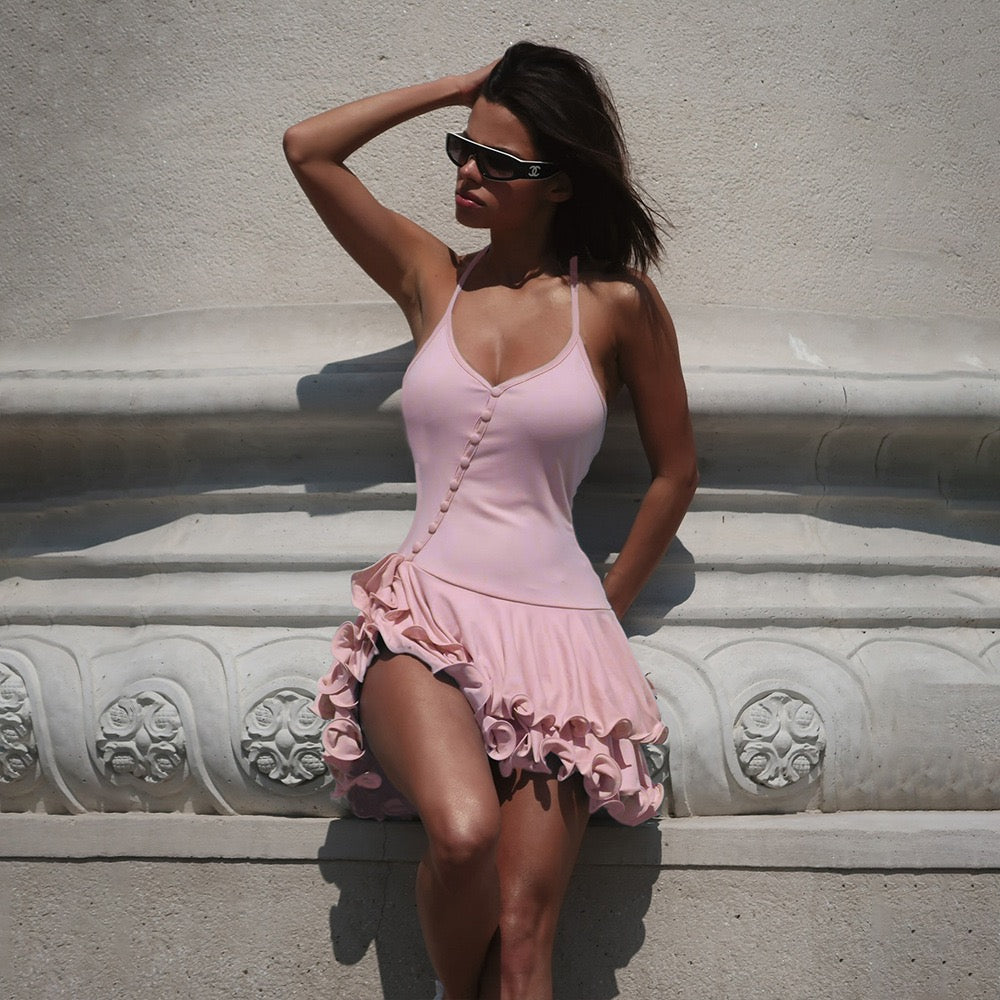 2026 Summer Women Sleeveless Ruffles Party Sexy Solid Color Evening Dress Fashion New Elegant Button Halter Slim Fit Mini Dress