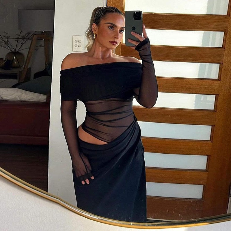 Women's Sexy Mesh See-Through Maxi Dress Long Sleeve  Evening Gown for Club Party Trendy High Street Style 2025