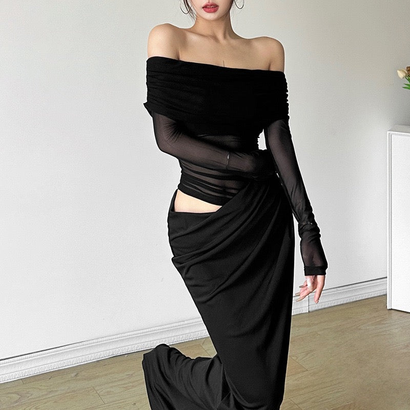 Women's Sexy Mesh See-Through Maxi Dress Long Sleeve  Evening Gown for Club Party Trendy High Street Style 2025